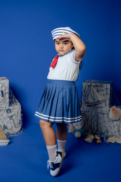 Seaside Skort & Top Set – Hand Embroidered Cotton Linen Boutique Girls Set | Nautical Pleated Skort Heirloom Style
