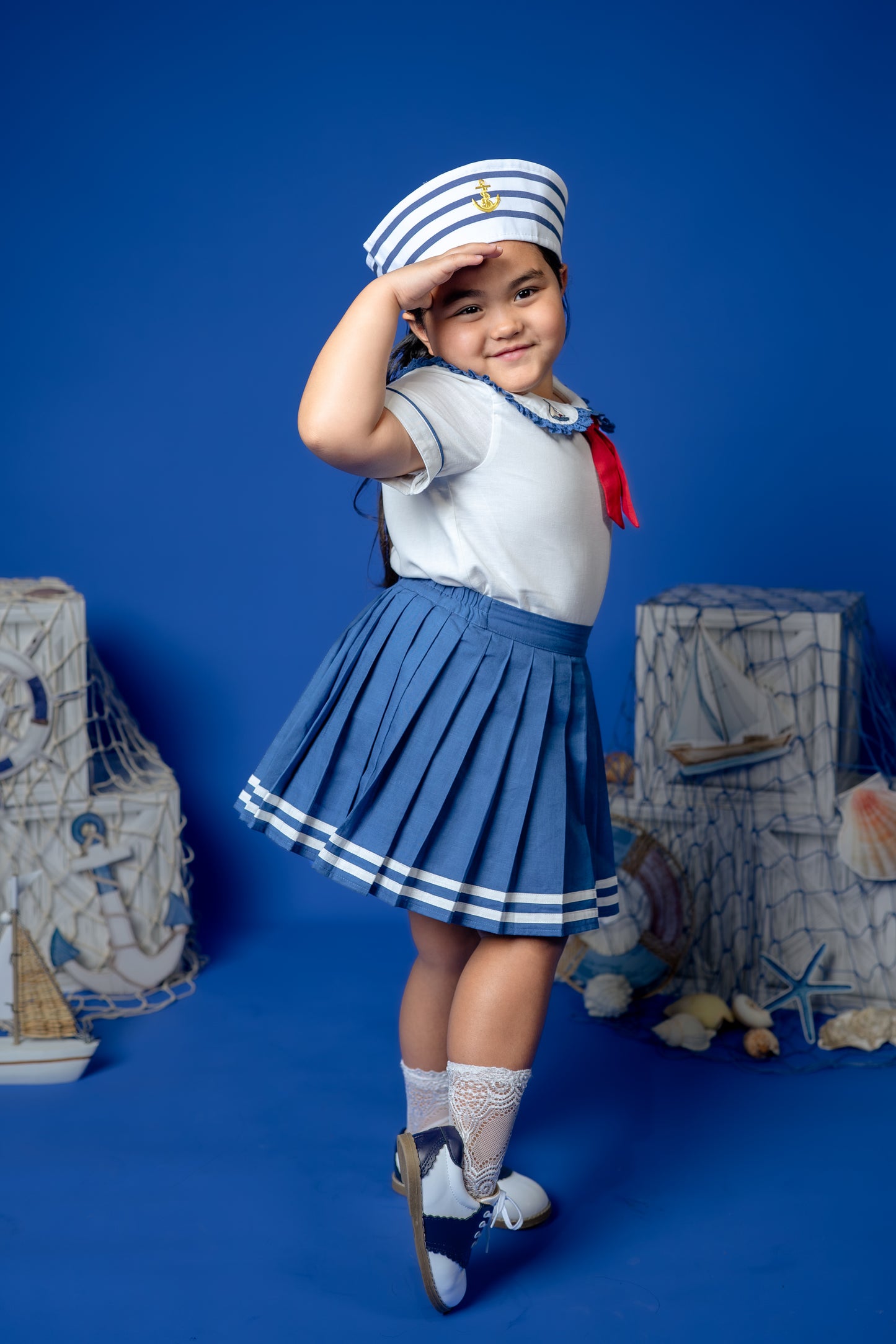 Seaside Skort & Top Set – Hand Embroidered Cotton Linen Boutique Girls Set | Nautical Pleated Skort Heirloom Style