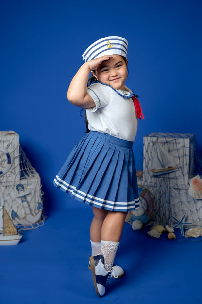 Seaside Skort & Top Set – Hand Embroidered Cotton Linen Boutique Girls Set | Nautical Pleated Skort Heirloom Style