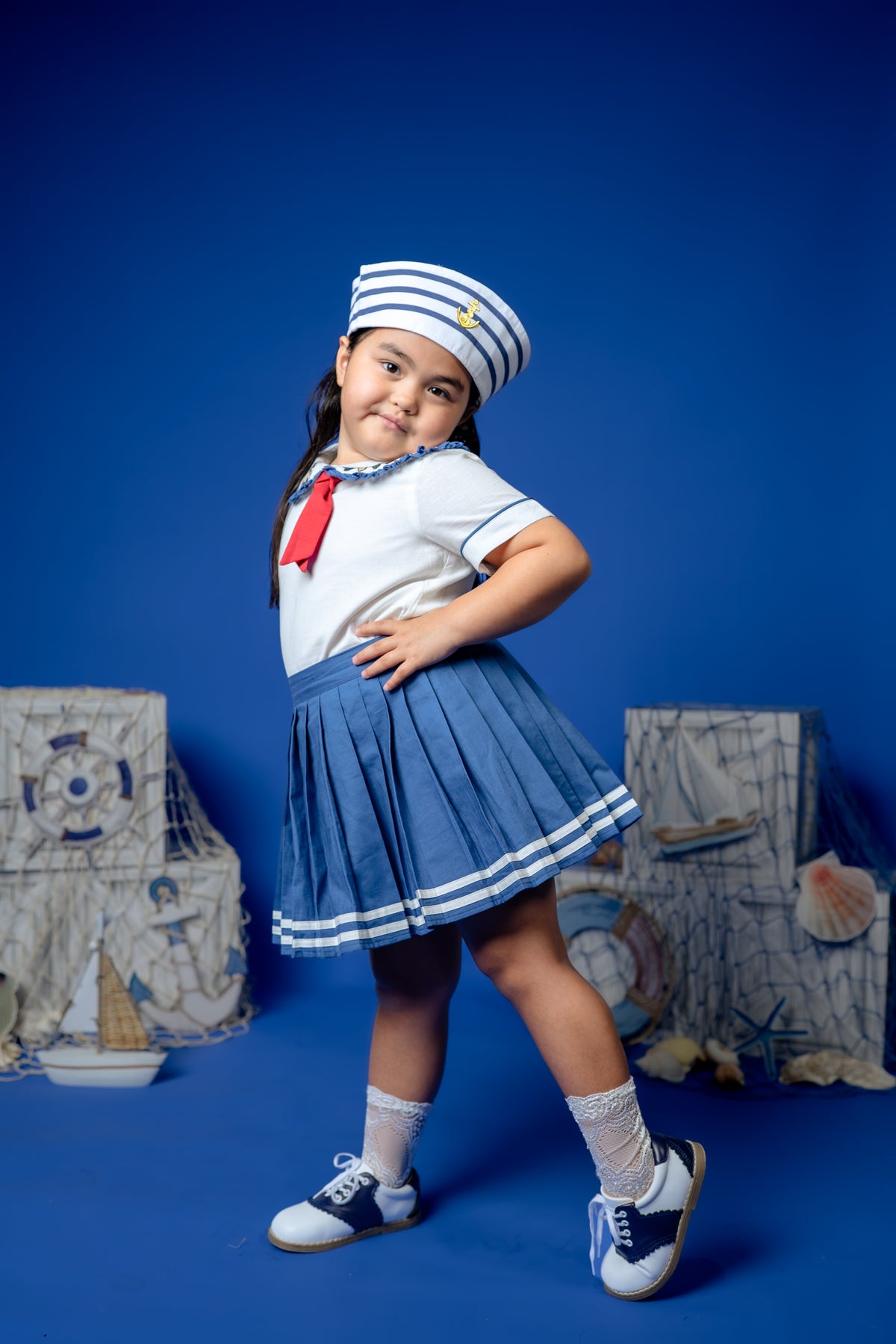 Seaside Skort & Top Set – Hand Embroidered Cotton Linen Boutique Girls Set | Nautical Pleated Skort Heirloom Style