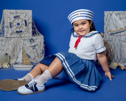 Seaside Skort & Top Set – Hand Embroidered Cotton Linen Boutique Girls Set | Nautical Pleated Skort Heirloom Style