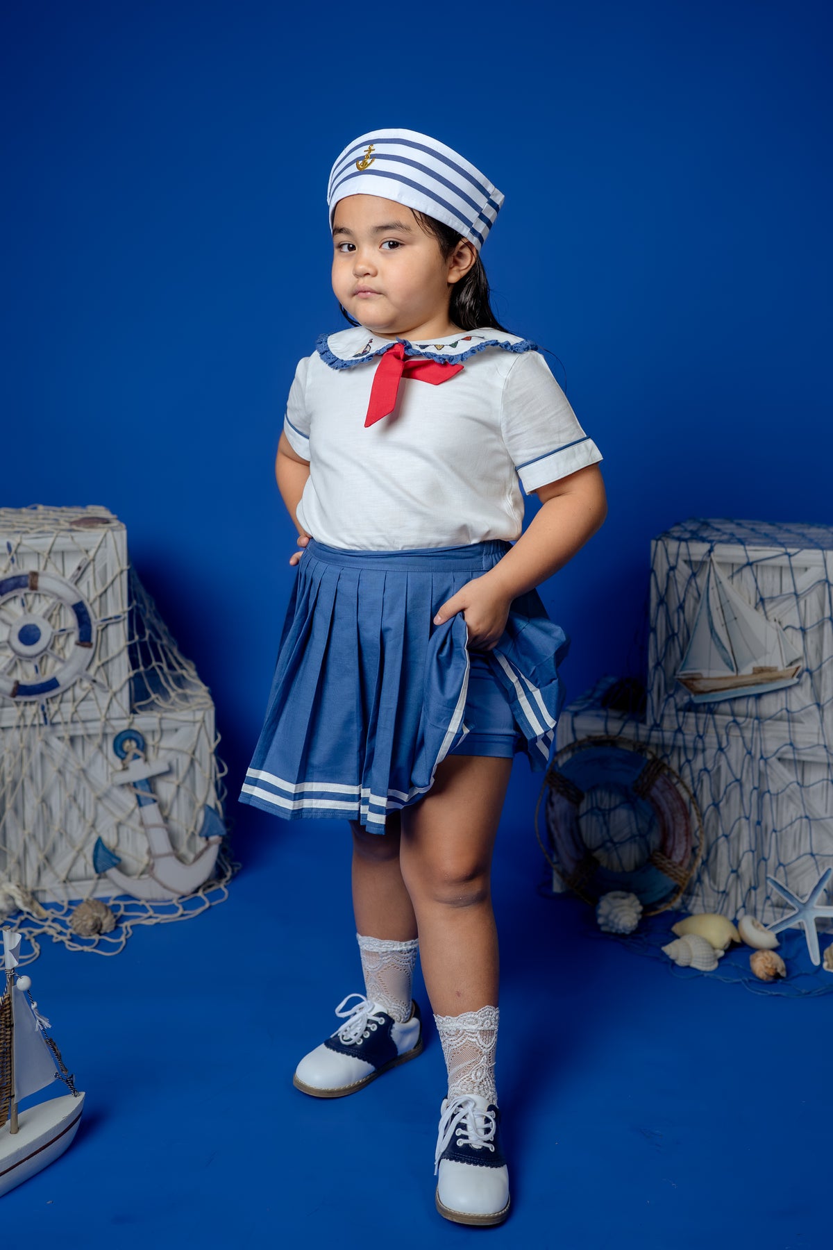 Seaside Skort & Top Set – Hand Embroidered Cotton Linen Boutique Girls Set | Nautical Pleated Skort Heirloom Style