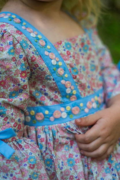 Forget Me Not Dress – Hand-Embroidered Heirloom Girls Dress | Floral Vintage Boutique Twirl Dress with Bloomers