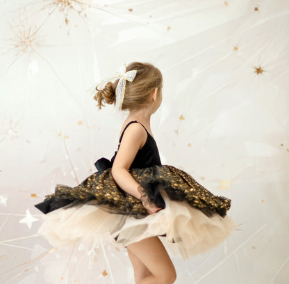 Starry Night Dress – Luxury Velvet Boutique Girls Dress | Gold Tulle Ruffle Skirt Holiday New Year Special Occasion Dress