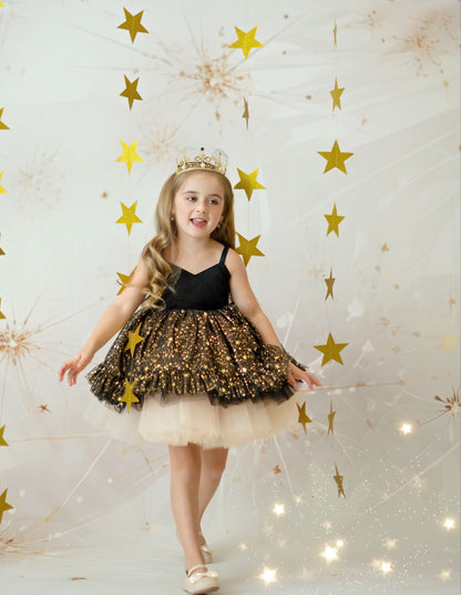 Starry Night Dress – Luxury Velvet Boutique Girls Dress | Gold Tulle Ruffle Skirt Holiday New Year Special Occasion Dress