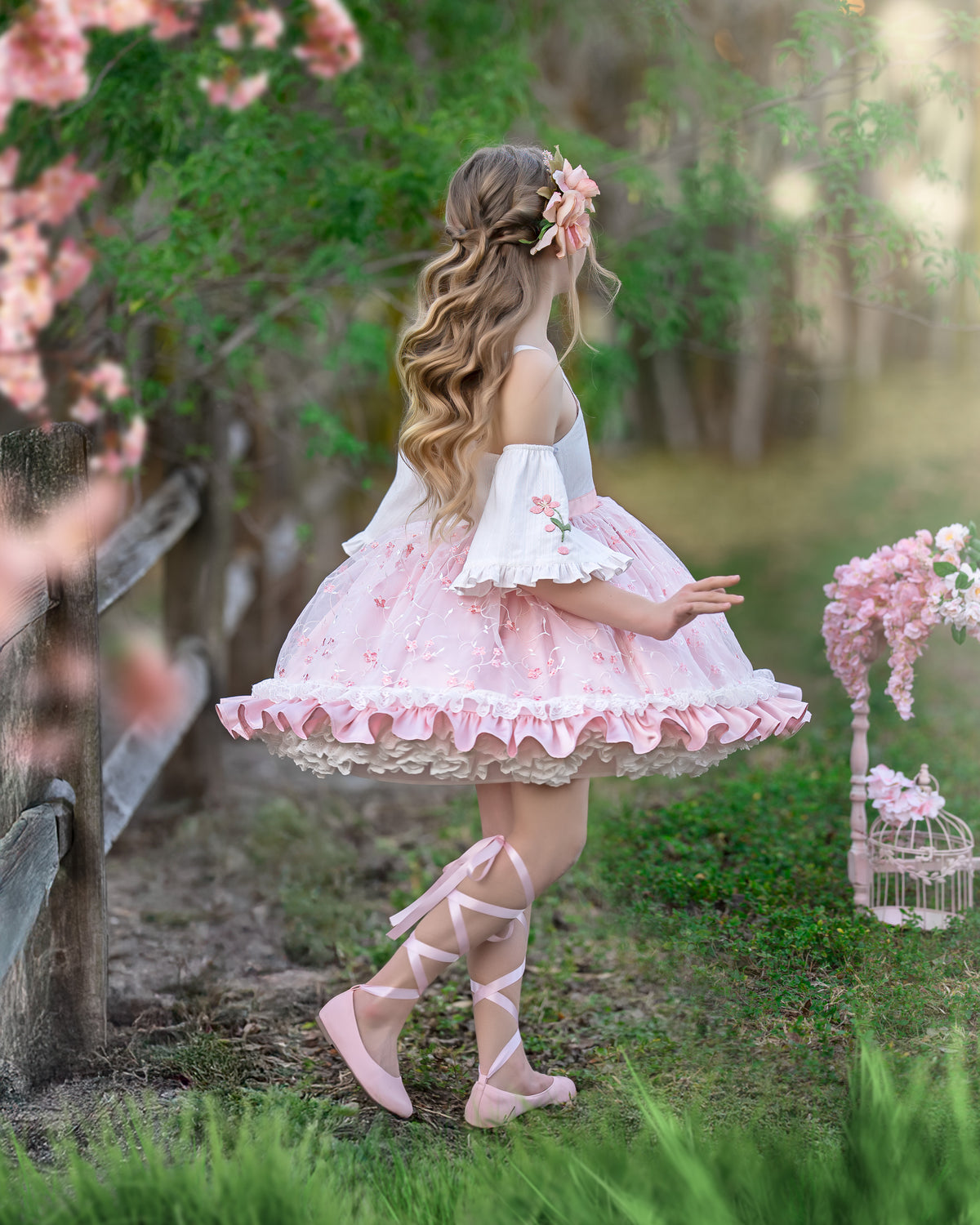 Sakura Whisper Dress – Hand Embroidered Jacquard Boutique Girls Dress | Vintage Inspired Lace Flutter Sleeve Heirloom Style