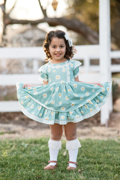 Daisy Afternoon Dress – Floral Print Vintage Inspired Cotton Boutique Girls Dress | Lace Ruffle Heirloom Style