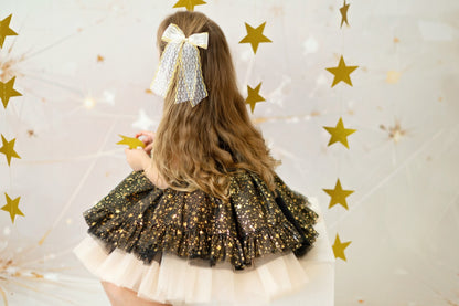 Starry Night Dress – Luxury Velvet Boutique Girls Dress | Gold Tulle Ruffle Skirt Holiday New Year Special Occasion Dress