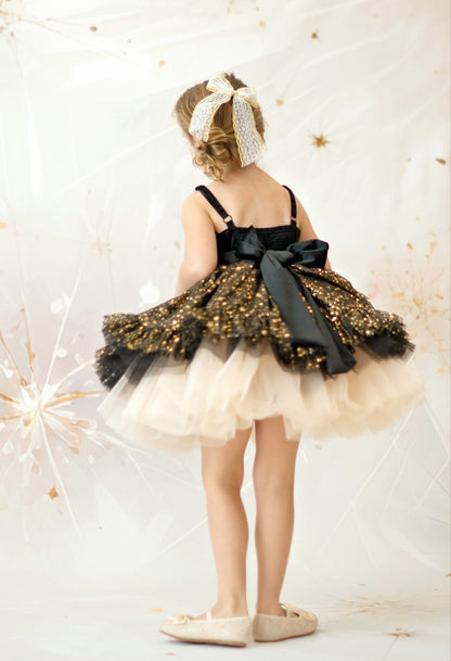 Starry Night Dress – Luxury Velvet Boutique Girls Dress | Gold Tulle Ruffle Skirt Holiday New Year Special Occasion Dress