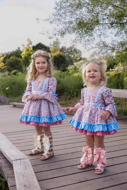 Forget Me Not Dress – Hand-Embroidered Heirloom Girls Dress | Floral Vintage Boutique Twirl Dress with Bloomers